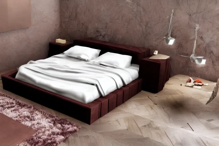 Prompt: a bed made of chocolate