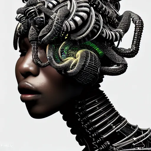 Image similar to portrait of an absurdly beautiful, graceful, sophisticated, fashionable black cyberpunk mechanoid gravure idol, hyperdetailed illustration by irakli nadar, alek wek, matt wisniewski style, intricate linework, dark skin, neon jellyfish headdress, intricate ivory carved ruff, unreal engine 5 highly rendered, global illumination, radiant light, detailed and intricate environment