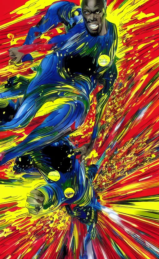 Prompt: usain bolt running in lightspeed through a colorful fart of ferrofluids trapped in time continuum by katsuhiro otomo