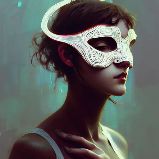 Prompt: A girl wearing a rave mask, face, detailed, intricate, elegant, highly detailed, digital painting, artstation, concept art, smooth, sharp focus, illustration, art by Krenz Cushart and Artem Demura and alphonse mucha