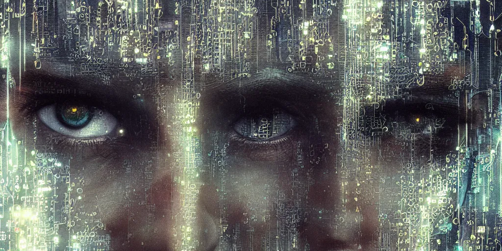 Image similar to a face covered in computer circuits, scifi, bladerunner, cyberpunk, very detailed eyes, 8 k resolution, by wlop, greg rutkowski