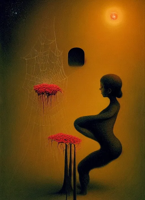 Image similar to She Eats Joyfully of the Suffocating Yellowcake Fruit and Her spiderlike gossamer glistening polyp blossoms bring iridescent fungal flowers whose spores black the foolish glaring stars Edward Hopper and James Gilleard, Zdzislaw Beksinski, Mark Ryden, Wolfgang Lettl highly detailed