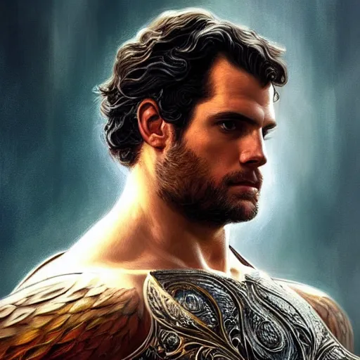 Image similar to portrait of henry cavill as a heavenly god, full body, muscular, fantasy, intricate, elegant, highly detailed, digital painting, artstation, concept art, matte painting, sharp focus, illustration, art by artgerm and greg rutkowski and alphonse mucha