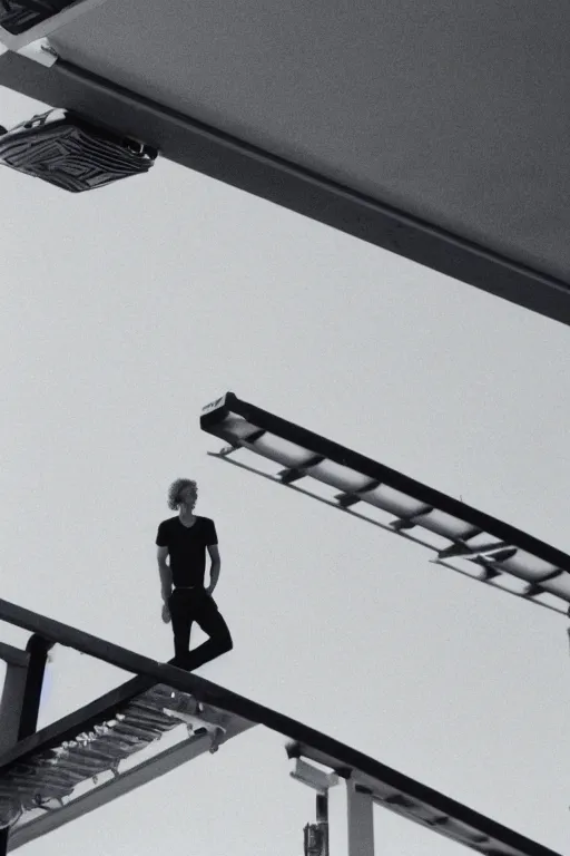 Image similar to close up of cody simpson standing on the diving board, summer olympics footage, 3 5 mm, highly detailed, color photo, cinematic lighting