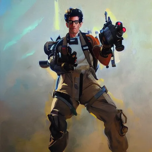 Image similar to greg manchess portrait painting of armored ghostbuster egon spengler as overwatch character, medium shot, asymmetrical, profile picture, organic painting, sunny day, matte painting, bold shapes, hard edges, street art, trending on artstation, by huang guangjian and gil elvgren and sachin teng
