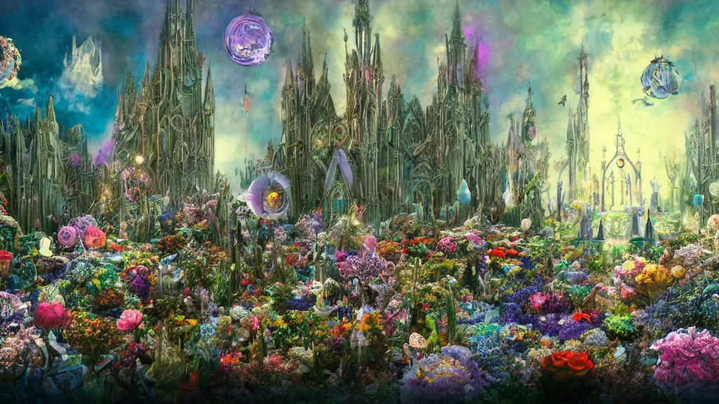 Prompt: a centered render of intricate modular synthesizer of alice in wonderland, shining its light across a tumultuous sea of flowers, undersea animals and gothic crystal church by dorothea tanning and salvador dali, trending on artstation, cyber punk, soft light color, unreal engine, high detailed, 8 k