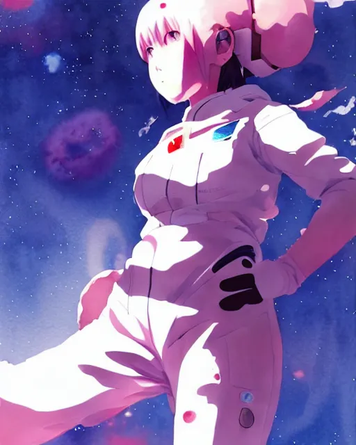 Image similar to oriental water color of a cute thicc astronaut damaged zombiewoman, floating through space, backlit, by makoto shinkai and krenz cushart