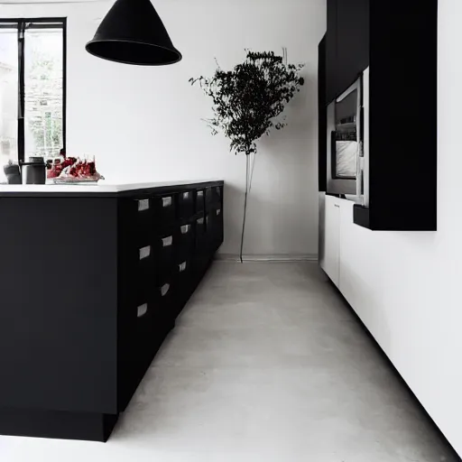 Image similar to photo of black, matte kitchen fronts surfaces and furniture, dark red walls at the back, white floor tiles on the ground, white ceiling, architecture, concept art