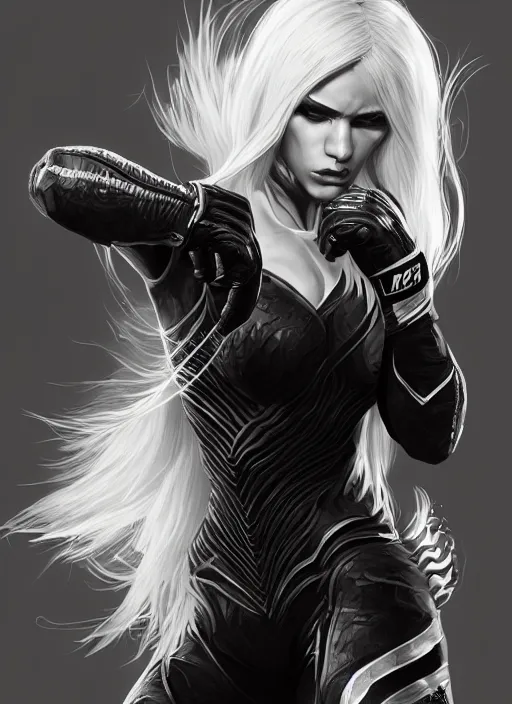 Image similar to a highly detailed illustration of fierce platinum blonde woman wearing black mma gear, heroic fighting stance pose, intricate, elegant, highly detailed, centered, digital painting, artstation, concept art, smooth, sharp focus, league of legends concept art, wlop