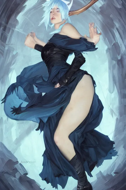 Image similar to fullbody!! dynamic action pose, beautiful woman with blue hair, big antlers on her head, long flowing black dress, dnd, face, fantasy, intricate, elegant, highly detailed, digital painting, artstation, concept art, smooth, sharp focus, illustration, art by artgerm and greg rutkowski and alphonse mucha