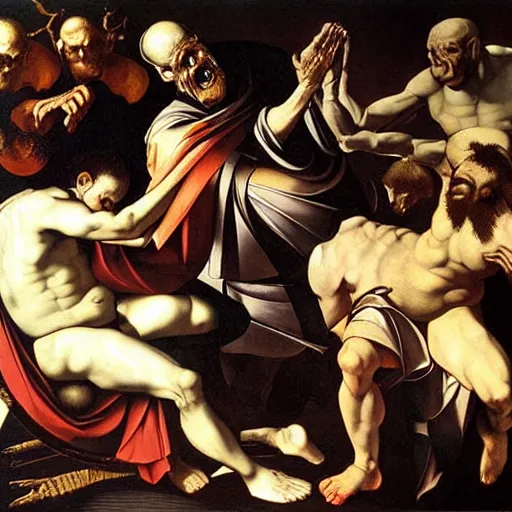 Image similar to the end of man apocalypse by caravaggio