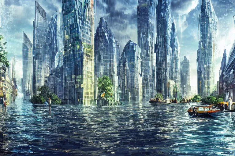 Prompt: a far-future flooded ecotopia Manhattan, with shiny glass buildings, and canal streets with gondolas and other boats, sparkling water, close-up, low angle, wide angle, beautiful, dynamic lighting, atmospheric, highly detailed, cinematic establishing shot, digital art