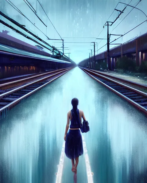 Prompt: photo of girl walking on train tracks submerged under reflective water toward a station in the distance, wide horizon, large white clouds, intricate, elegant, highly detailed, digital painting, artstation, concept art, smooth, sharp focus, illustration, art by artgerm and greg rutkowski and fra angelico