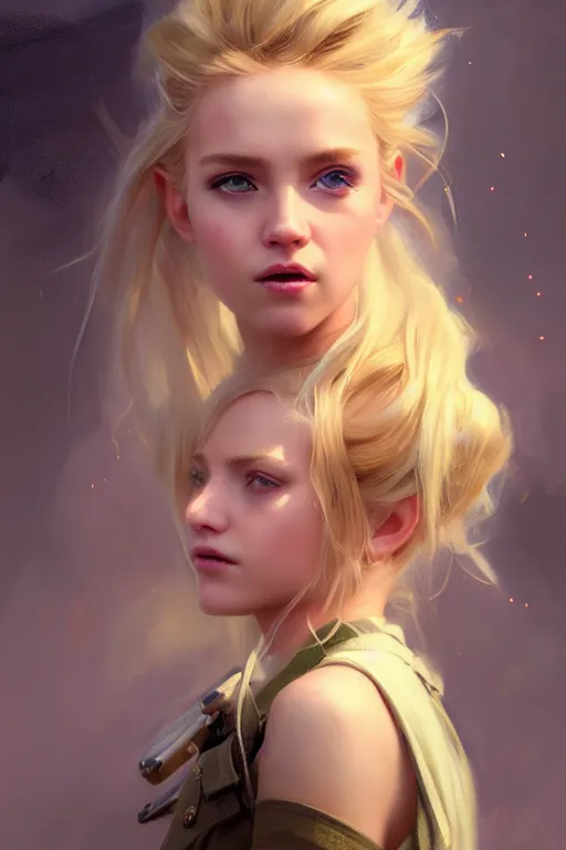 Image similar to cinematic shot of an epic portrait of a cute blonde fairy dressed in military clothes, stylised military clothes, shiny skin, beautiful eyes, beautiful, small details, night setting, realistic poster with volumetric light from jeremy lipkin and michael garmash, craig mallism, artgerm, unreal engine, radiant light, digital art, trends at art station, a masterpiece