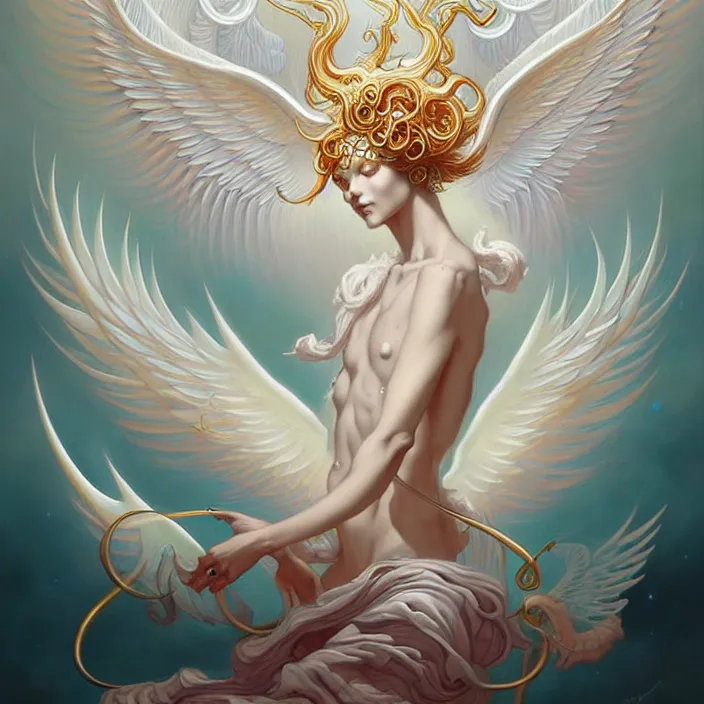 Prompt: stylized painting of an psychedelic angelic celestial being mythical creature by peter mohrbacher, by jung gi kim, trending on artstation, winged head, white gold skin, sacred geometry, esoteric art