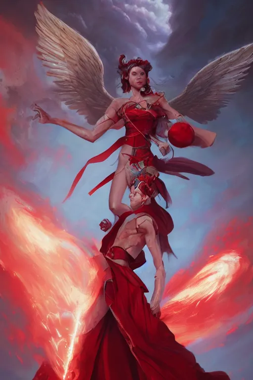 Prompt: beautiful girl warrior in red dress, casting magic spell holding electricity, angel, magic storm and thunder clouds, fantasy, magic the gathering, hyper detailed, 3 d render, hyper realistic detailed portrait, peter mohrbacher, wlop, ruan jia