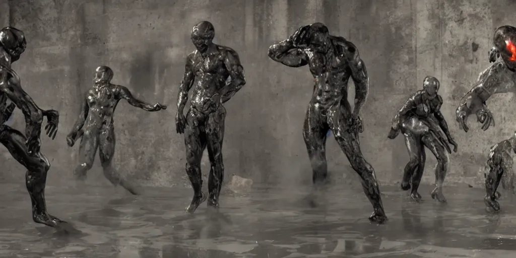 Image similar to figures covered in slick black oil, unreal engine render, ultrarealistic