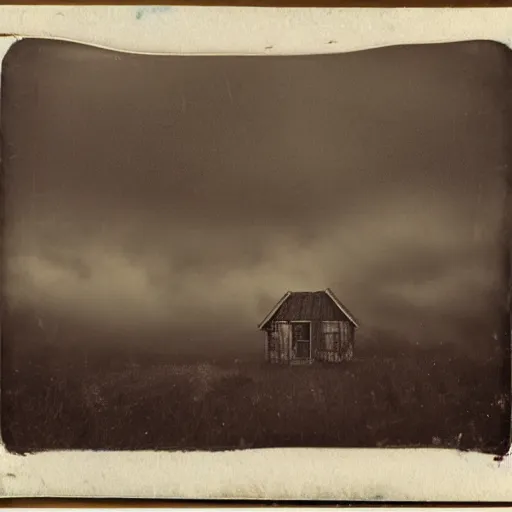 Prompt: an a abandoned cabin shrouded by fog on a hill overlooking a stormy sea as a tintype