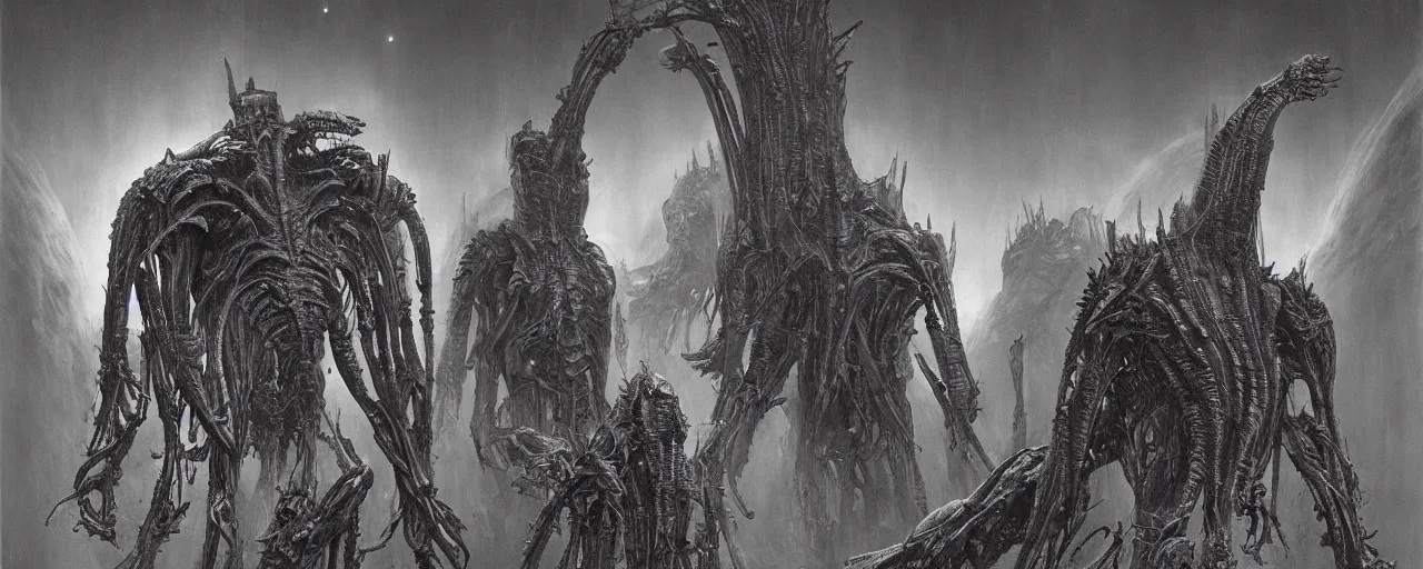 Prompt: an epic scifi movie still, a dark space scene, by jean pierre ugarte, by david umemoto, by wayne barlowe, by zdzislaw beksinski, by hr giger