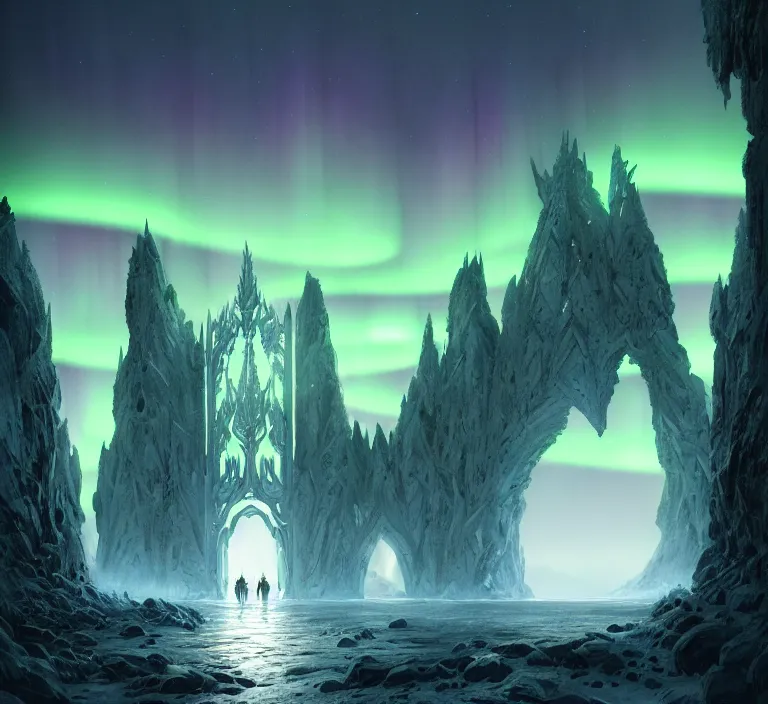 Image similar to a very detailed concept art of intricate and well designed white gates to misty mountains, infused with aurora borealis by greg rutkowski, dynamic lighting trending on artstation, symmetry, digital art, 4 k, hyper realistic, octane render, sharp focus