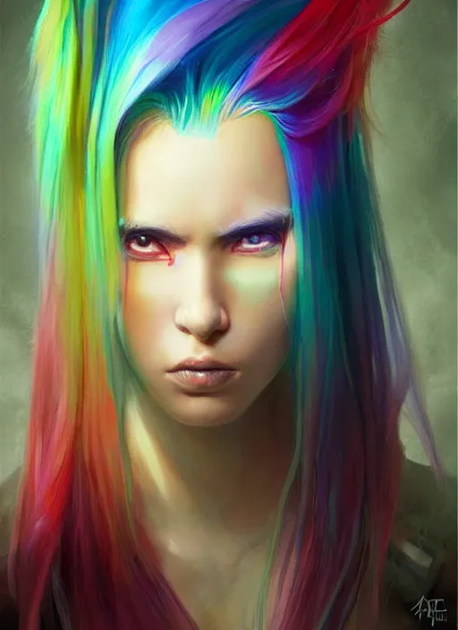 Image similar to a young woman with beautiful rainbow hair. she looks very angry. beautiful painting by artgerm and greg rutkowski