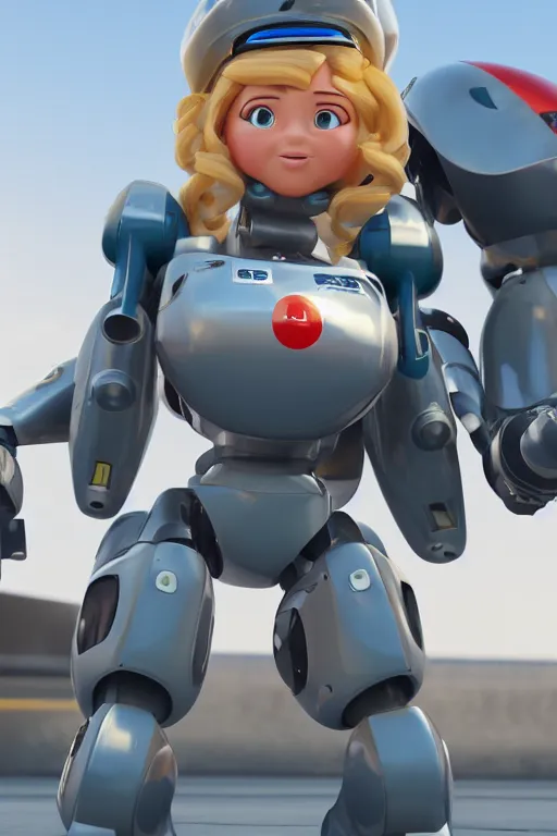 Image similar to cute chubby mecha pilot woman with blonde wavy hair| stylized | art style of disney pixar movie | HD 8k | rendered by octane