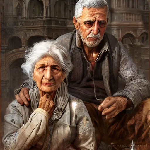 Image similar to hyperrealistic mixed media high resolution image of two Kurdish grandparents, stunning 3d render inspired art by István Sándorfi and Greg Rutkowski and Unreal Engine, perfect symmetry, dim volumetric lighting, 8k octane beautifully detailed render, post-processing, extremely hyper-detailed, intricate, epic composition, highly detailed attributes, highly detailed atmosphere, full body shot, cinematic lighting, masterpiece, trending on artstation, very very detailed, masterpiece, stunning, flawless structure, lifelike texture, perfection,