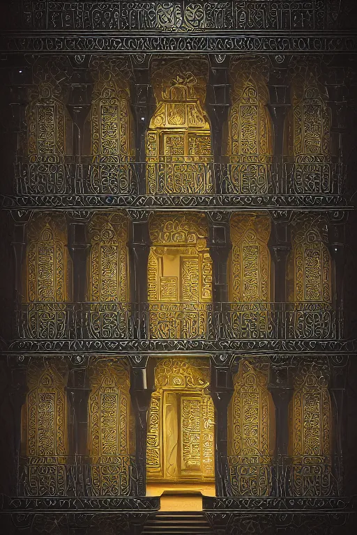 Prompt: ancient silver tower of the moon, fairytale illustration, elaborate carved latticed balconies, tall windows, moorish architecture, formal gardens, dramatic cinematic lighting, beautiful moths, soft colors, golden age illustrator, unreal engine