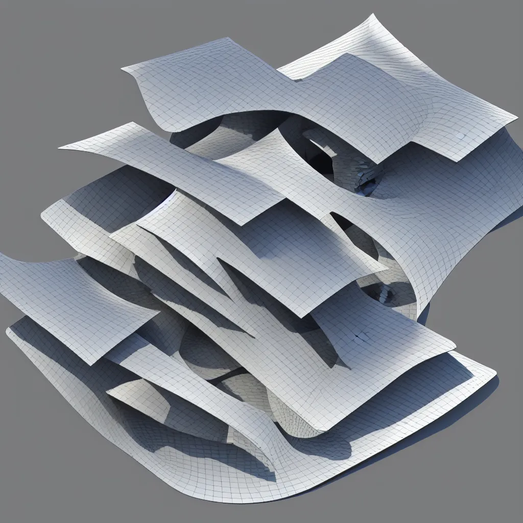 Image similar to sculptural curved roof planes lift and descend creating shade and architectural expression, dramatic form, 3 d top view axonometric, isometric