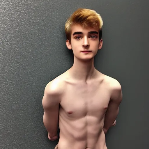 Image similar to “a realistic detailed photo of a guy who is an attractive humanoid who is half robot and half humanoid, who is a male android, twitch streamer Ninja Tyler Blevins, shiny skin, posing like a statue, blank stare”