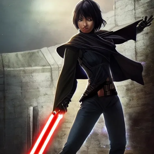 Prompt: cassandra cain as a jedi, dual wielding two lightsabers, old abandoned city, detailed!!!,, beautiful face!!!!, 2 7 years old, cg animation, lifelike, animated, realistic, by artgerm, greg rutkowski, 3 d