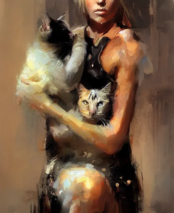 Prompt: blonde greek warrior holding a cat by jeremy mann