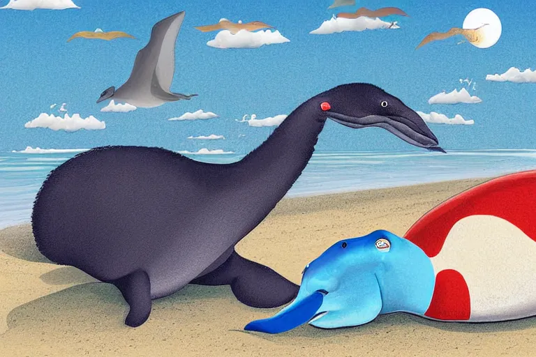 Prompt: digital art of a cassowary next to a beluga whale, beach, detailed, cartoon,