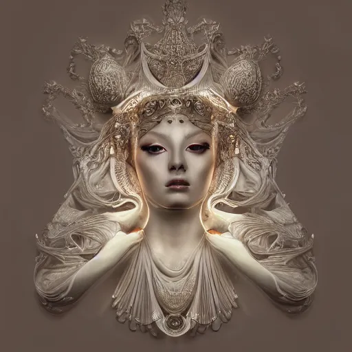 Image similar to highly detailed digital painting of a beautiful goddess by wlop, bright light emerging from her eyes, wearing venetian woman mask, sculpted in white opalescent marble, with lots of thin ornaments, disolving with a luminous background, curves and chaotic fractal art inlays, intricate, 8 k, white box, cinematic light, high aperture, background atmospheric effects