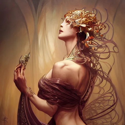 Image similar to transcendental creature, D&D, fantasy, intricate, elegant, highly detailed, digital painting, artstation, concept art, smooth, sharp focus, illustration, art by artgerm and greg rutkowski and alphonse mucha