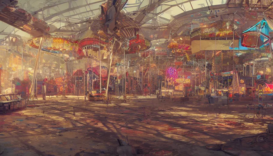 Image similar to Dusty abandoned indoor fairground, hyperdetailed, artstation, cgsociety, 8k