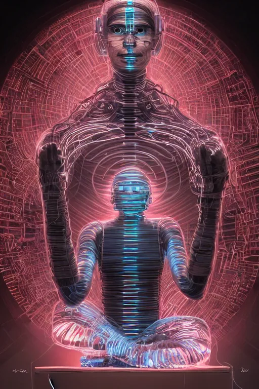 Image similar to Meditating cyborg with many cybernetic implants and wiring, sitting in a lotus pose, slightly smiling, techno-optimism, utopia, sci-fi, hyperrealist, centered, wide angle shot, shart focus, detailed, intricate, 4k UHD, creative lighting, digital painting by Greg Rutkowski, face by artgerm, digital art, trending on artstation, top post of all time on /r/transhumanism subreddit