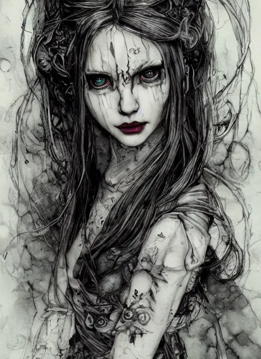 Image similar to portrait, Gothic Alice in Wonderland, watercolor, dramatic lighting, cinematic, establishing shot, extremely high detail, foto realistic, cinematic lighting, pen and ink, intricate line drawings, by Yoshitaka Amano, Ruan Jia, Kentaro Miura, Artgerm, post processed, concept art, artstation, matte painting, style by eddie mendoza, raphael lacoste, alex ross