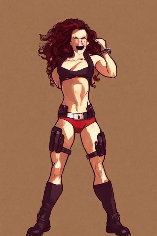 Image similar to a hyper muscular woman, bronze - skinned, blue - eyes, wearing a black cropped tank top, military pants, brown boots, wavy big red hair, 8 0's hairstyle, red lips, action pose, art by osmar - shotgun, trending on art station, illustration, action scene, full body