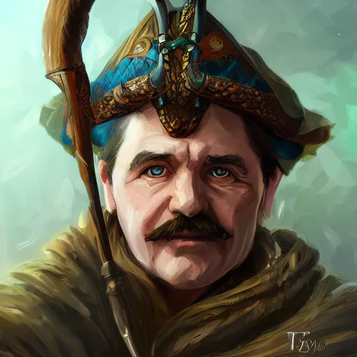 Image similar to Portrait of human bard named Lech Wałęsa, very beautiful, D&D, compound eyes, fantasy, intricate, elegant, highly detailed, digital painting, trending on artstation, concept art, smooth, sharp focus, RPG rulebook illustration, art by Tyler Jacobson