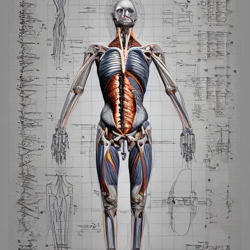 Image similar to a concept of a detailed and intricate design of a full body of human anatomy, 3 d design, great finesse organic hyper detailed, engineering blueprints, technical drawings, calculus, stained paper, hyperrealistic, ultra detailed, 4 k, octane render, unreal engine