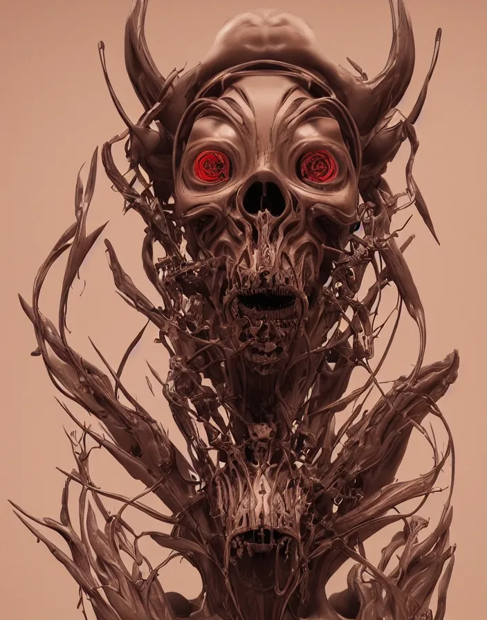 Prompt: symmetrical biomechanical mask of a demon by Roberto Ferri. beautiful princess face. edisson bulb. white plastic. human skull jellyfish butterfly phoenix head. burning water. intricate artwork by Tooth Wu and wlop and beeple and dan mumford and greg rutkowski. halo. octane render, cinematic, hyper realism, octane render, 8k, depth of field, bokeh. iridescent accents. vibrant