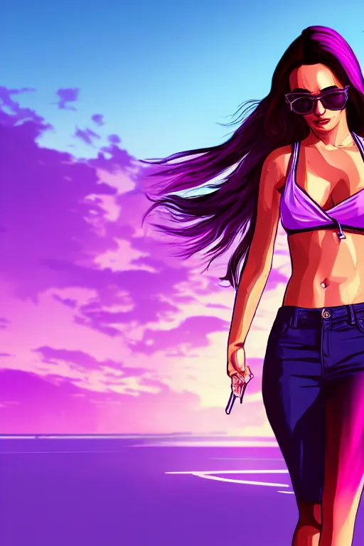 Image similar to a stunning GTA V loading screen with a beautiful woman with ombre purple pink hairstyle, hair blowing in the wind, sunset, outrun, vaporware, retro, digital art, trending on artstation