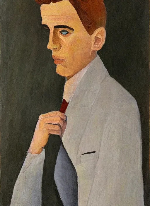 Prompt: a painted portrait of a well dressed man, art by felice casorati, aesthetically pleasing and harmonious natural colors, expressionism, natural light, fine day, portrait