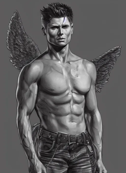 Image similar to Portrait of Dean Winchester as an angel warrior , intricate body, whole body, highly detailed, digital painting, artstation, concept art, smooth, sharp focus, illustration, art by Hajime Sorayama