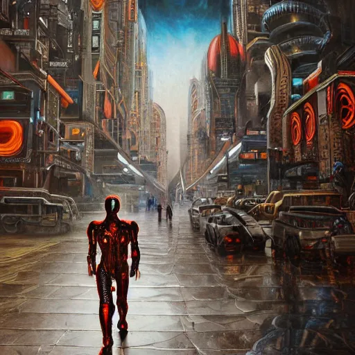 Prompt: humanoid cyborg sci - fi liquid man walks through the center of a city, extremely detailed oil painting, 1 9 2 0's colored pencil, highly detailed, highly accurate, deep aesthetic, 8 k, highly ornate intricate details, cinematic lighting, rich colors, beautiful scenic view, ray tracing, hyperrealistic, photorealistic, cinematic landscape, trending on artstation, concept art,