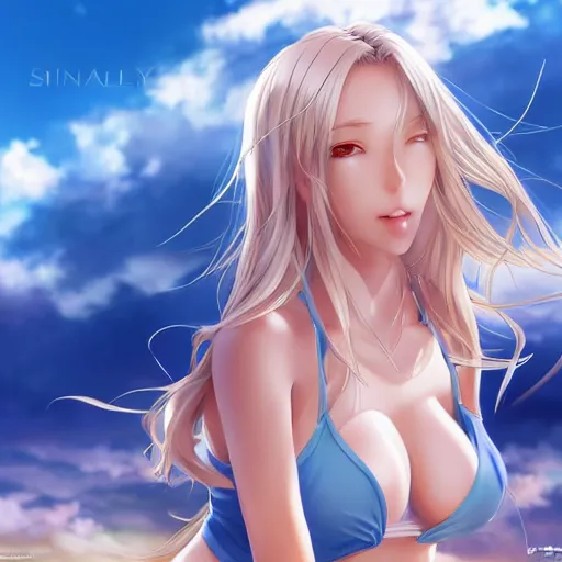 Image similar to a very beautiful young mature anime basketball girl, full body, long wavy blond hair, sky blue eyes, full round face, short smile, bikini, miniskirt, highly detailed, cinematic wallpaper by stanley artgerm lau