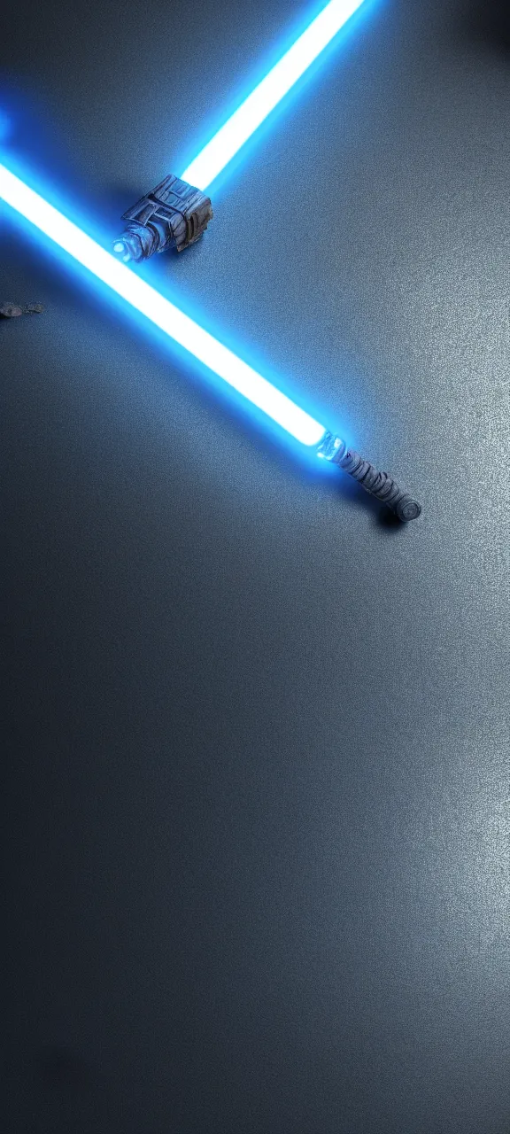 Image similar to detailed cinematic render, of a blue cyberpunk lightsaber lying vertically on a detailed stone floor, in a dark room, photo from above, octane render 8 k, digital art, lightsaber wallpaper 4 k, ray tracing, jedi fallen order lightsaber wallpaper 4 k, cal kestis lightsaber wallpaper