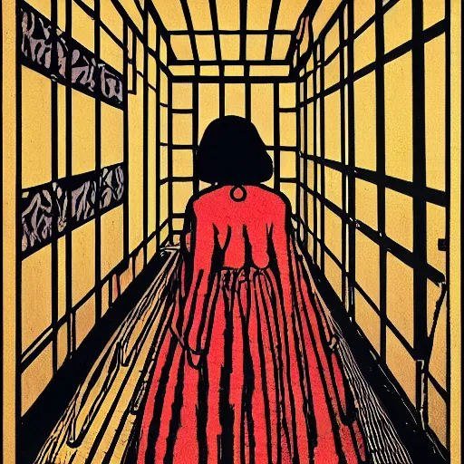 Prompt: a lonely girl in a liminal room, colored woodcut, poster art, by Mackintosh, art noveau, by Ernst Haeckel