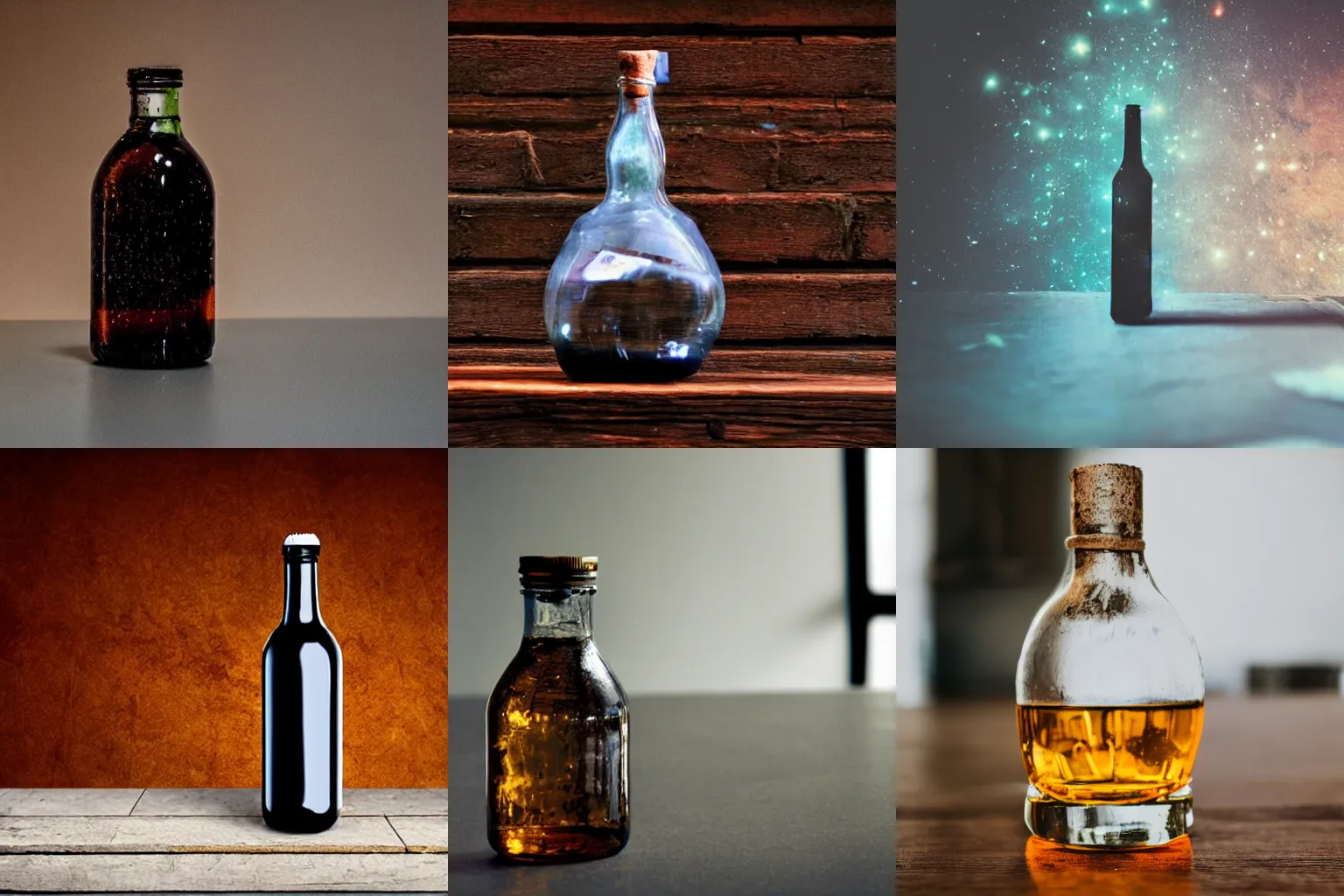 Prompt: there is a glass bottle sitting on a table, it contains a universe
